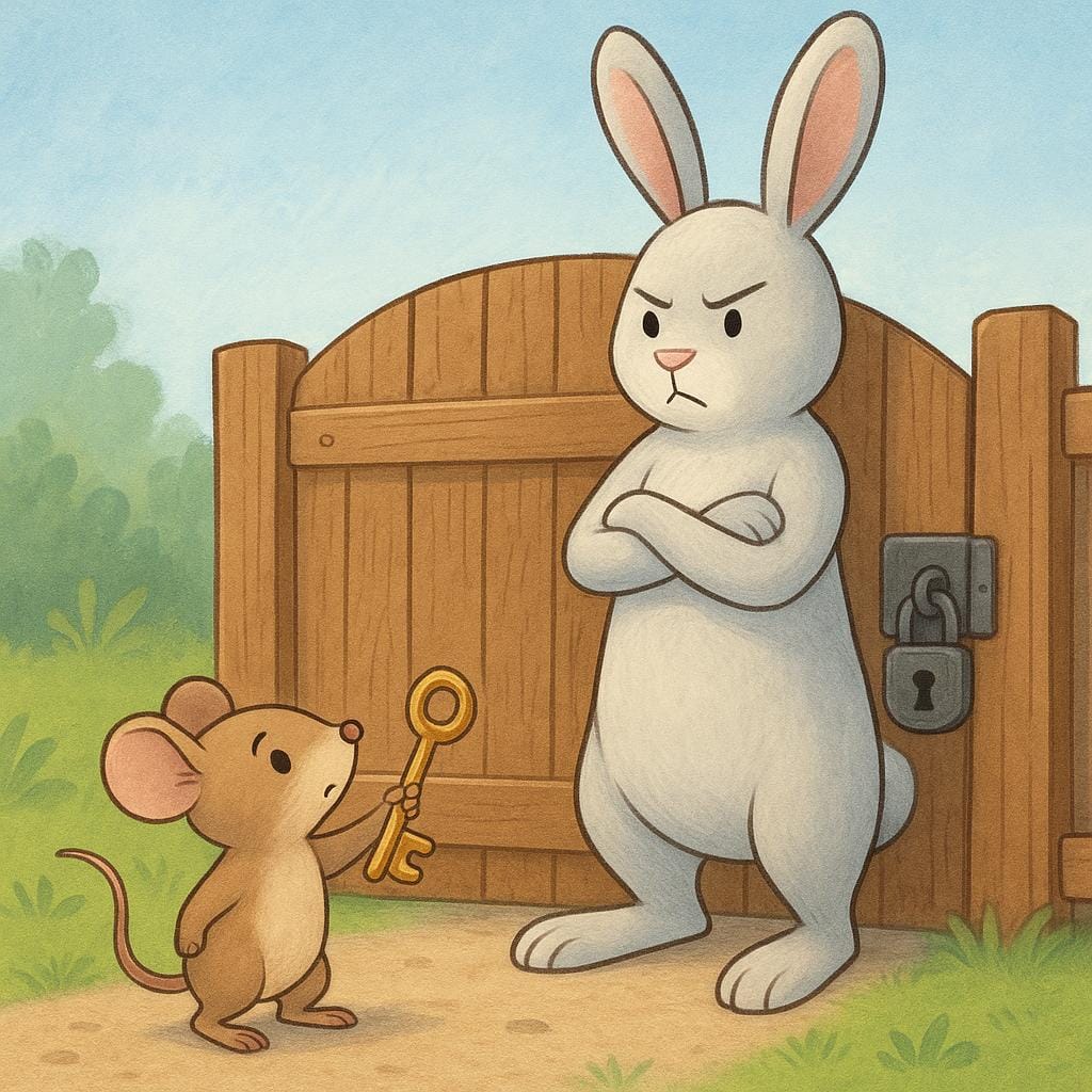 A storybook illustration of a large, stylized rabbit standing in front of a brightly colored wooden gate, using its body and outstretched arms to block a small cartoon mouse from accessing the lock with a key, illustrating refusal of access.