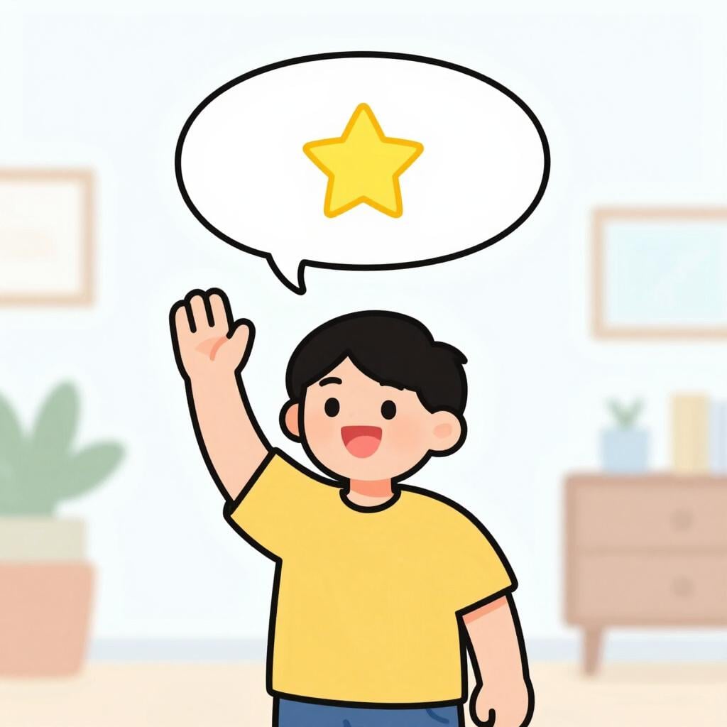 A person holding a raised hand with a bright smile, having just provided an answer.