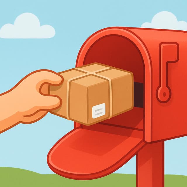 A cartoon hand dropping a sealed brown package into a bright red mailbox.