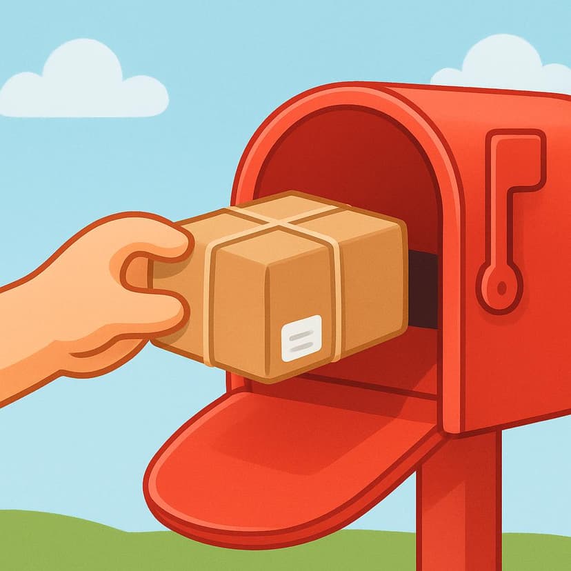 A cartoon hand dropping a sealed brown package into a bright red mailbox.