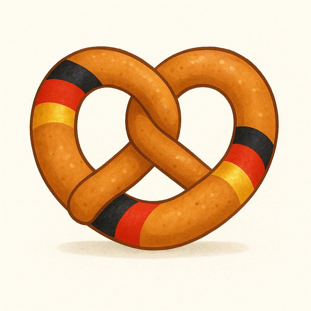 A single, perfectly braided pretzel (Brezel) decorated with stripes of black, red, and gold icing, representing the German flag colors.