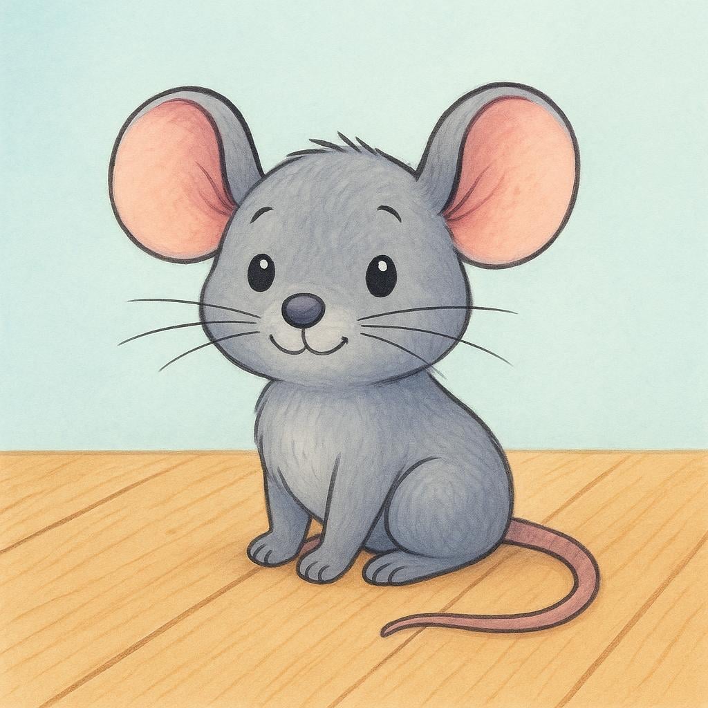 A small, cute gray mouse with big ears, whiskers, and a long tail, sitting on a wooden surface.
