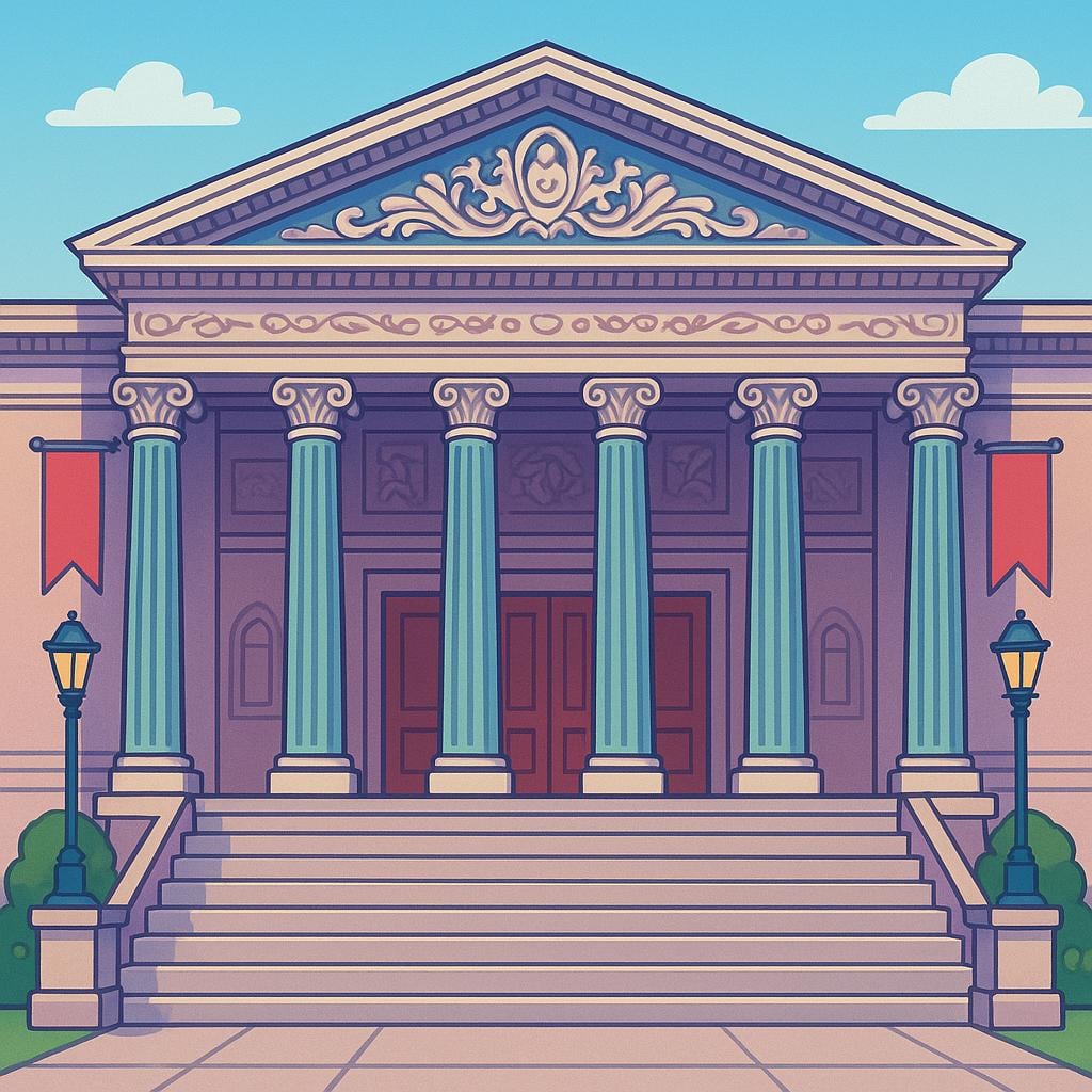 A colorful illustration showing the ornate exterior of a grand, classical building with columns, representing an opera house.