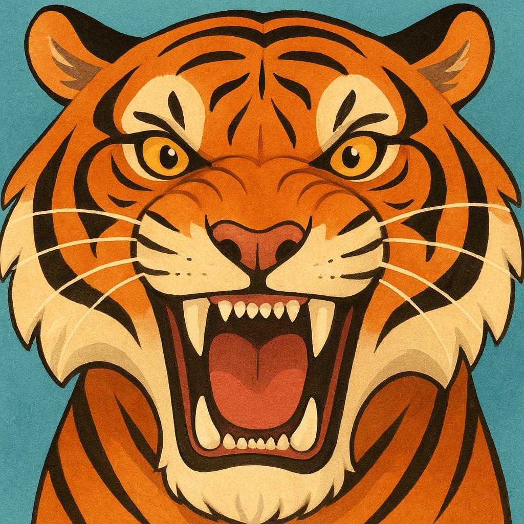 A close-up illustration of a tiger's face with its mouth wide open, showing a fierce roar and intense eyes.