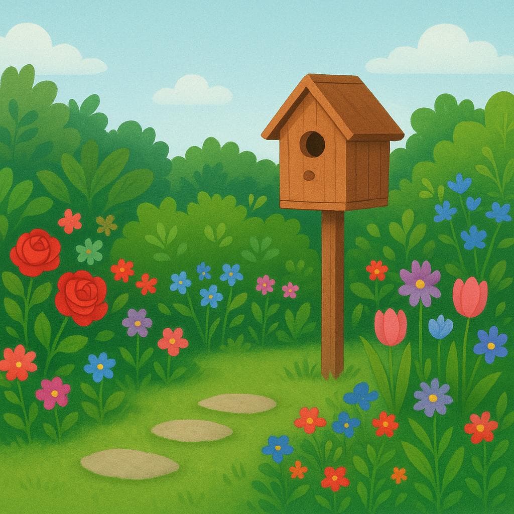 Een rustige tuinscène met bloeiende kleurrijke bloemen, groene struiken en een klein kronkelend stenen pad onder een helderblauwe hemel.