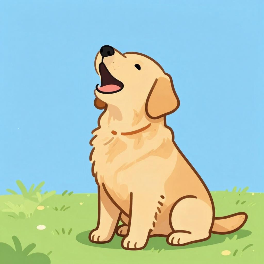 A friendly golden dog sitting on green grass with its mouth open as if it is making a sound.