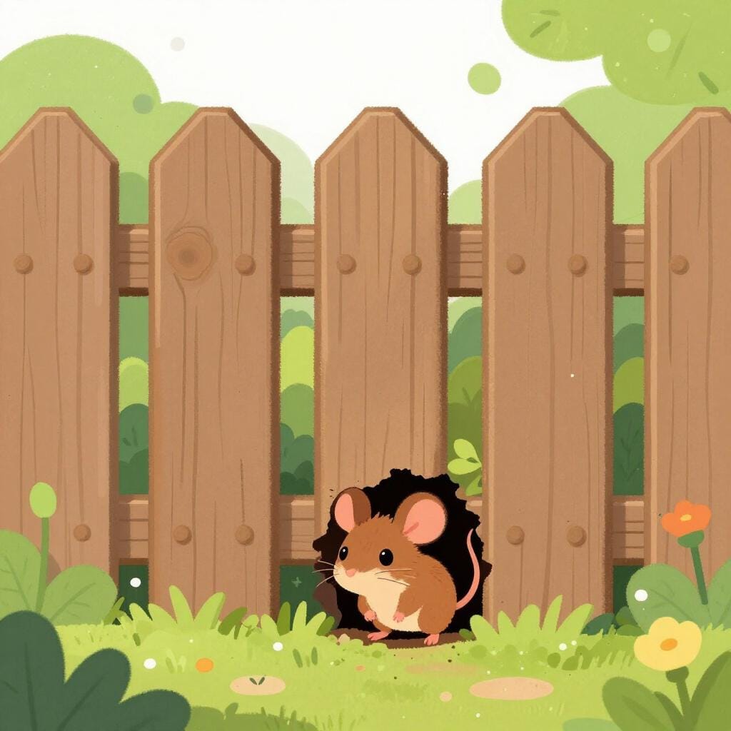 A clever mouse finding a small gap under a tall garden fence.