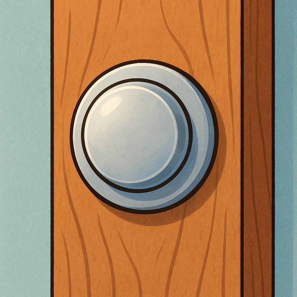 A close-up view of a simple, round silver doorbell button mounted next to a wooden door frame.