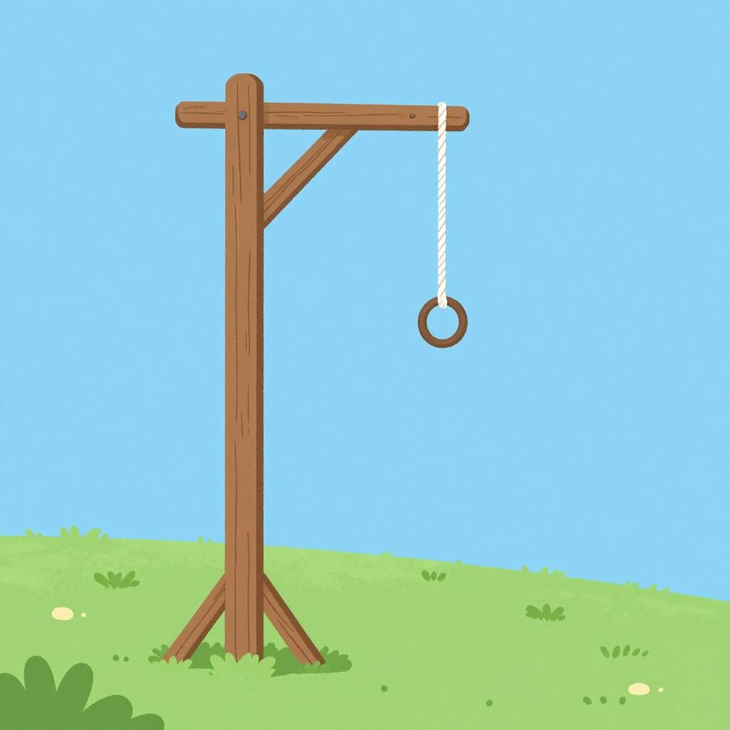 A simple wooden gallows with a rope loop on a grassy hill under a blue sky.