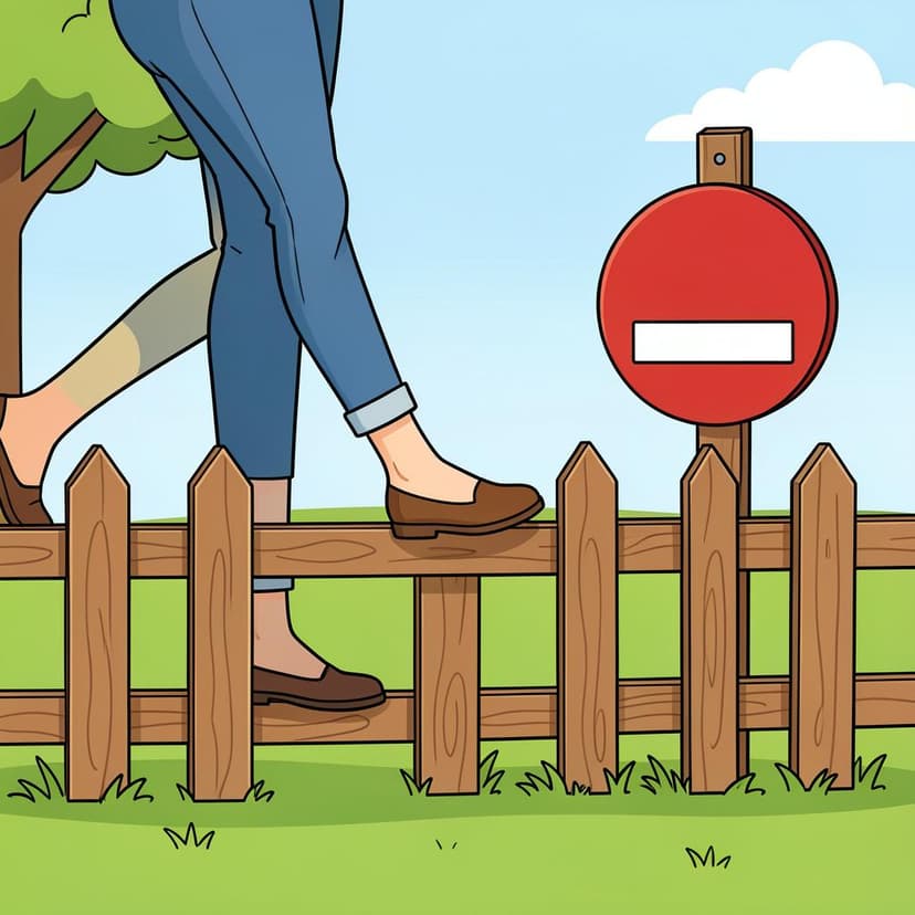 A person's legs stepping over a low wooden fence next to a red circle symbol with a white bar.