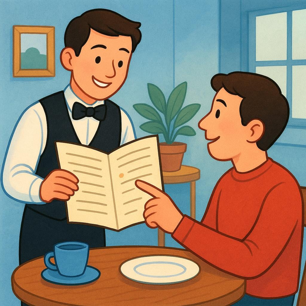 A customer sitting at a restaurant table, pointing at a specific dish on a menu held by a waiter, indicating they are placing an order.