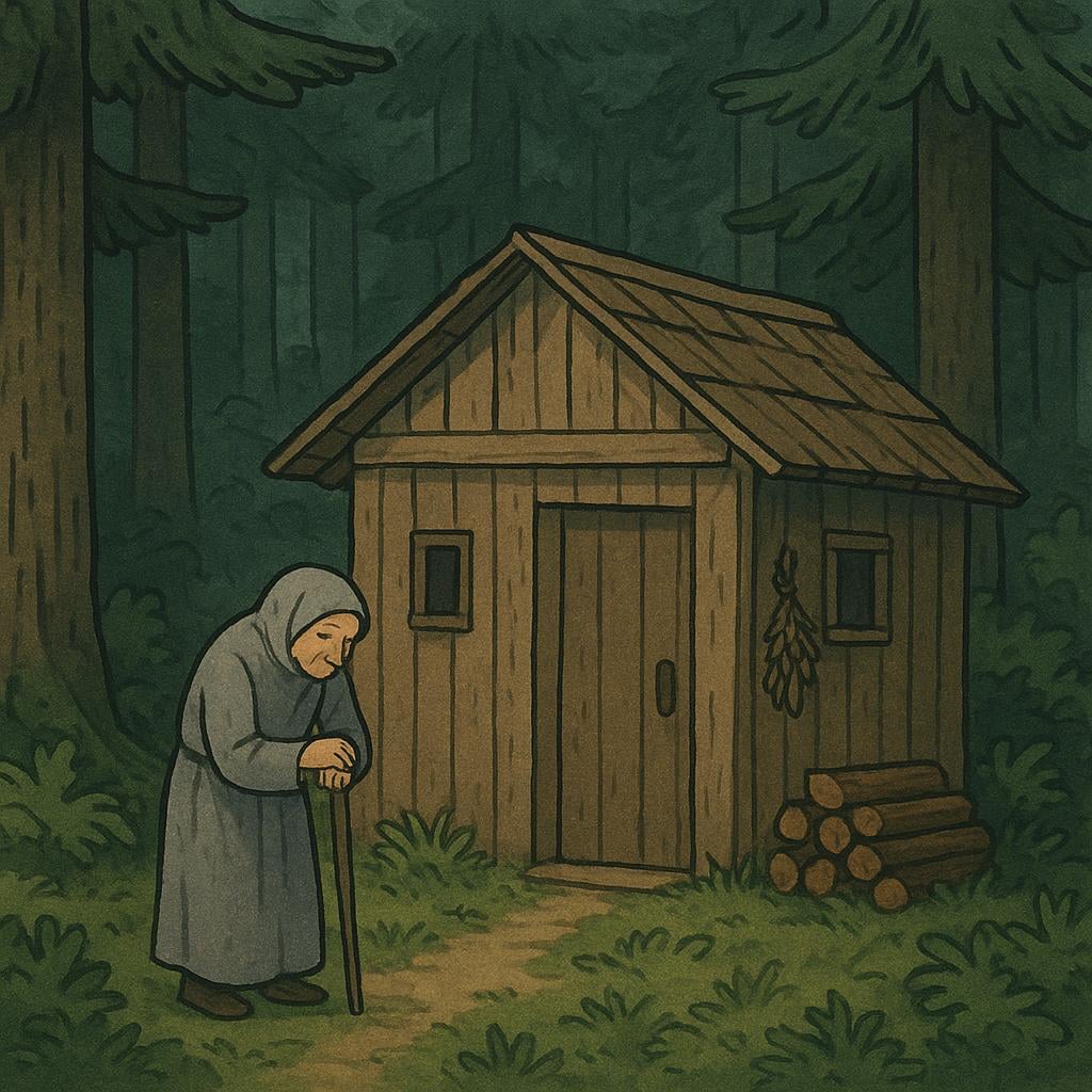 An elderly person with a long beard standing outside a small, rustic wooden cabin deep in a forest, emphasizing their isolation as a hermit.