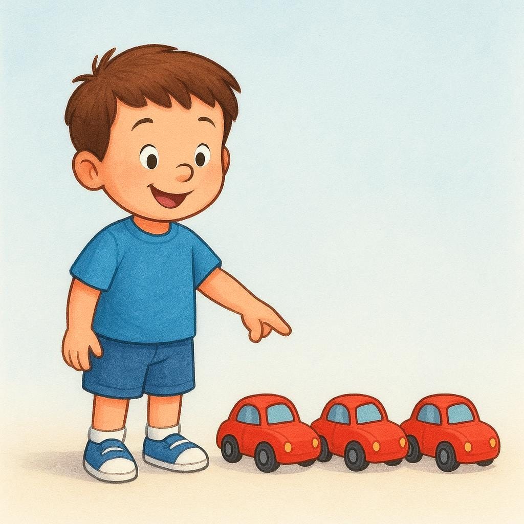 A small boy proudly pointing at three identical red toy cars lined up on the ground, illustrating possession of multiple masculine objects.