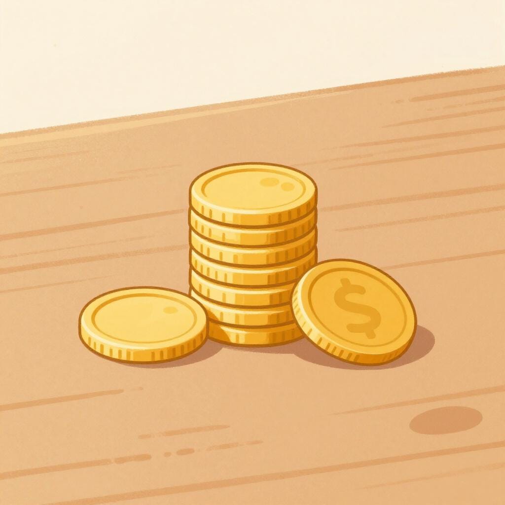 シンプルな木製のテーブルの上に置かれた小さな金貨の山。