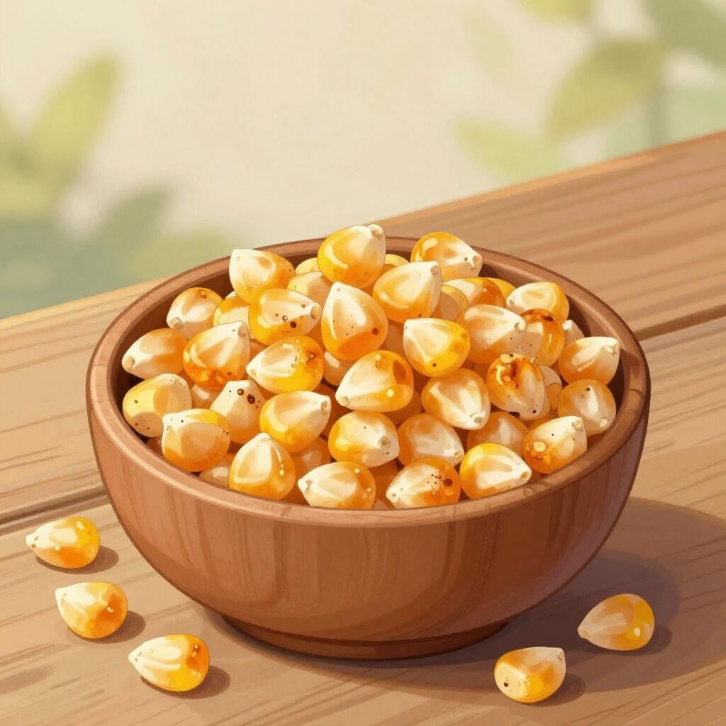 A small wooden bowl filled with golden toasted corn kernels.