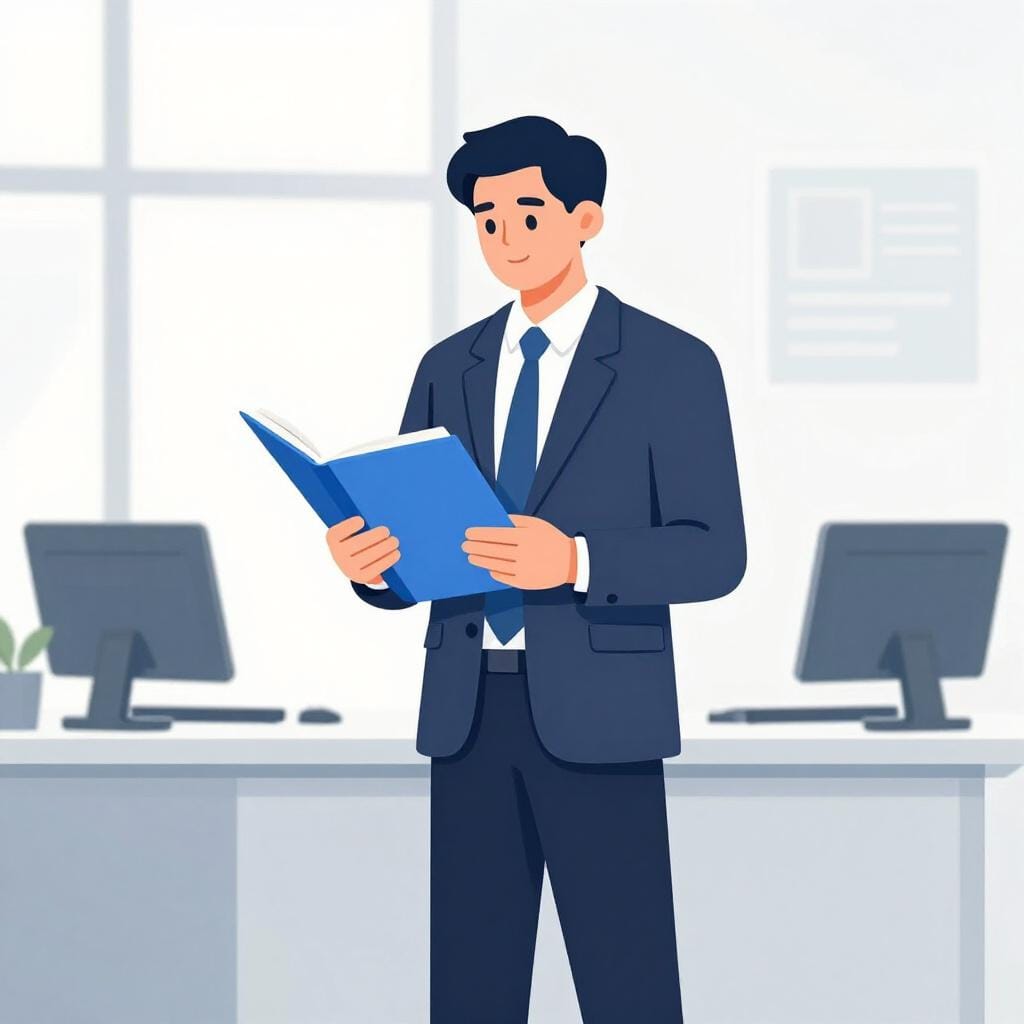 A person in a professional suit holding a folder and talking to a colleague in a bright office.