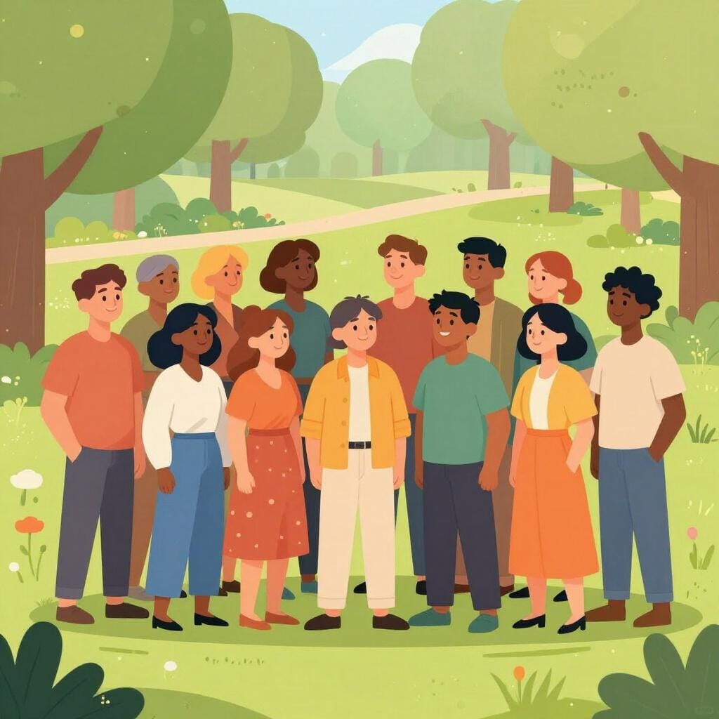 A diverse group of people of various backgrounds standing together in a vibrant, sunlit park, smiling and holding hands.