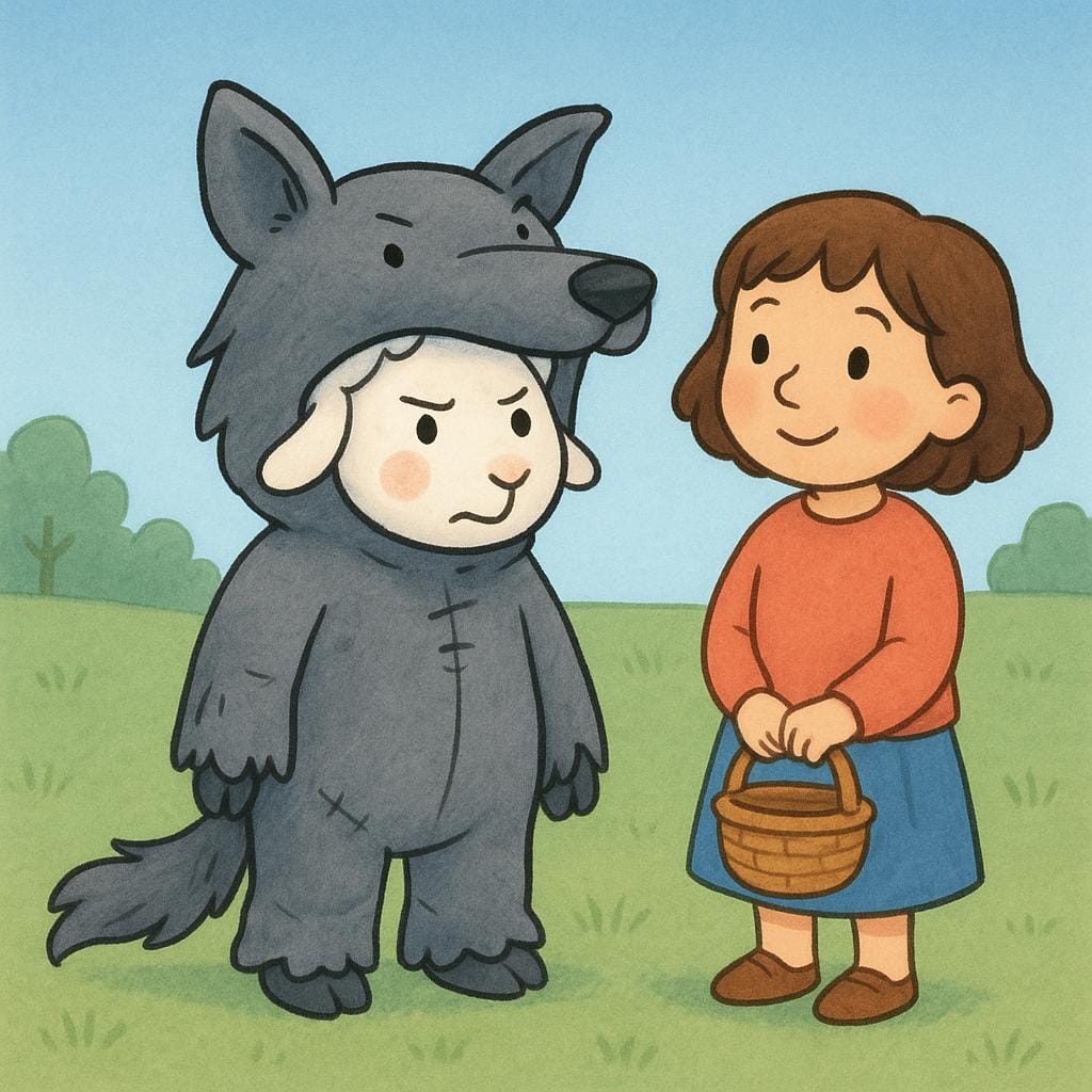 A small white sheep wearing a large, poorly fitting grey wolf costume. A naive person stands nearby looking convinced, illustrating a misconception.