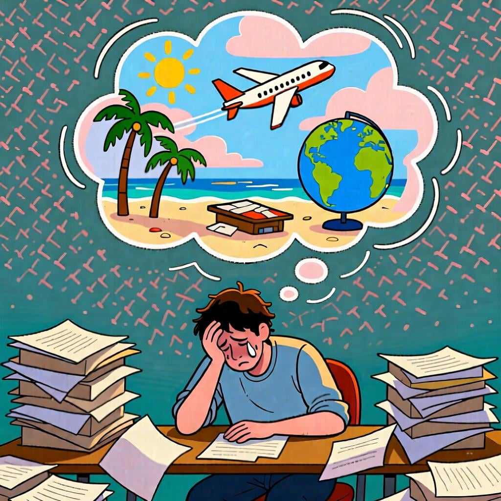 A person at a messy desk is daydreaming, with a thought bubble above their head showing a tropical beach and an airplane flying over a globe.