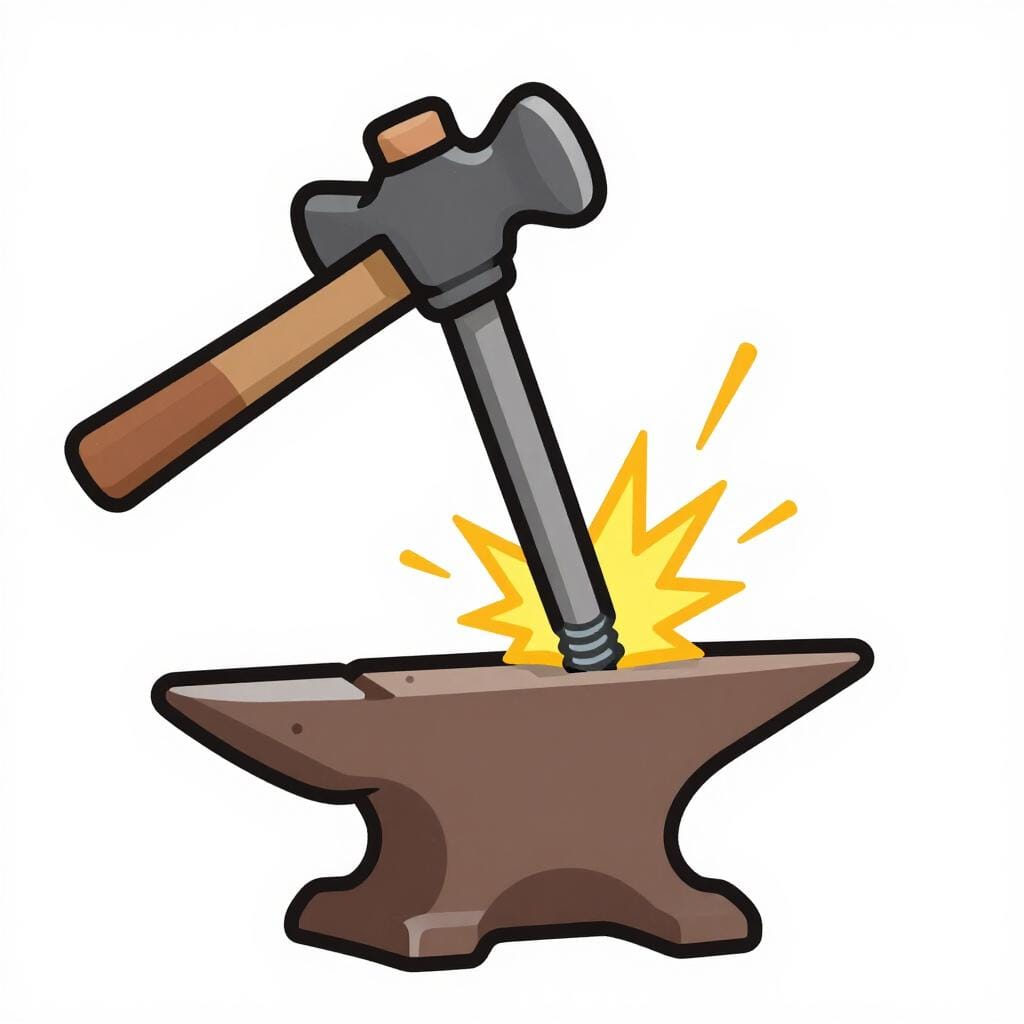 強力なハンマーが、溶けた赤い金属の大きな塊を金床の上で打つ様子。