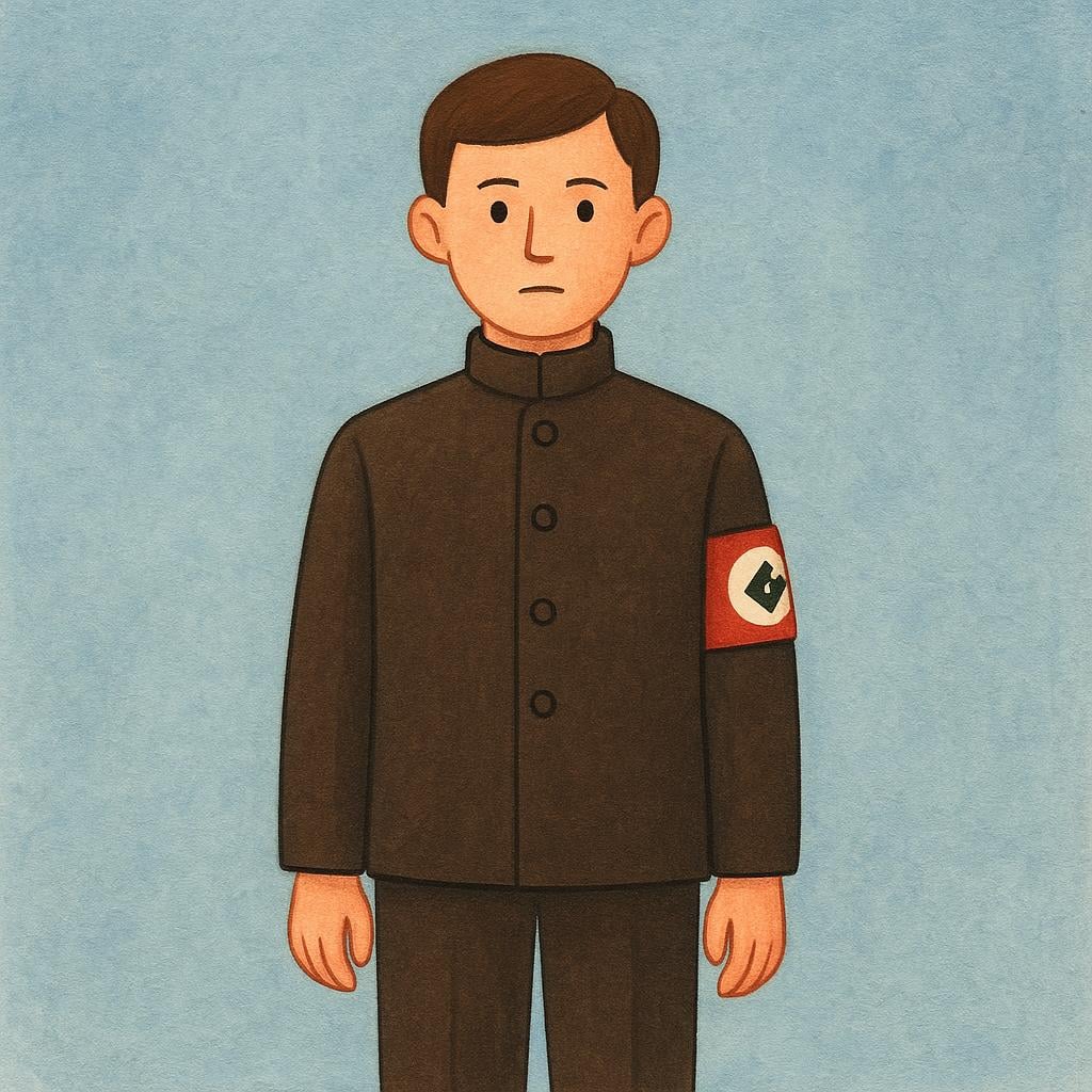 A simple storybook illustration of a figure wearing a dark brown, high-collared uniform jacket with a simplified red, white, and black armband on the left sleeve.