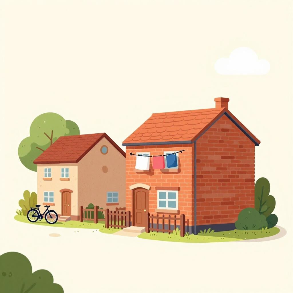 A row of simple, cozy brick houses with laundry lines and bicycles.