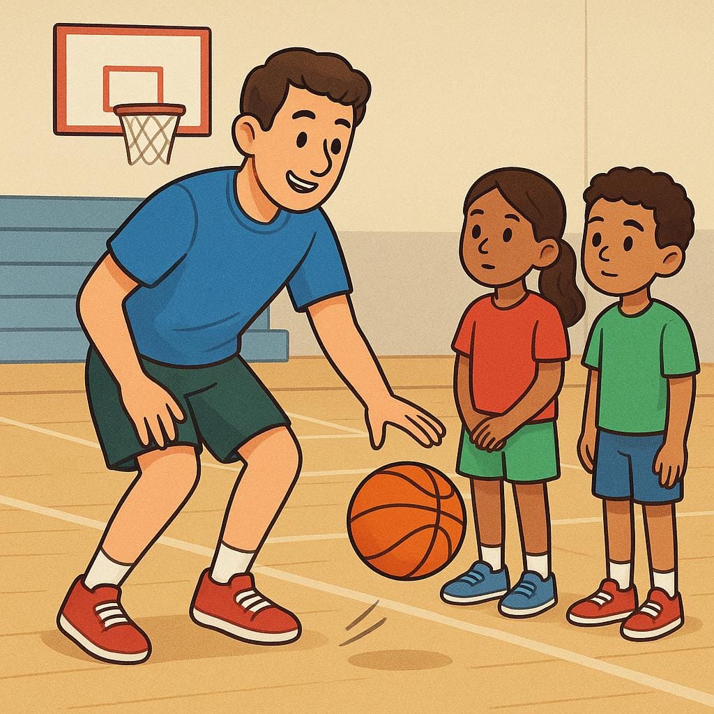 An illustration showing a friendly coach demonstrating a technique with a basketball to two attentive young students on a gymnasium court.