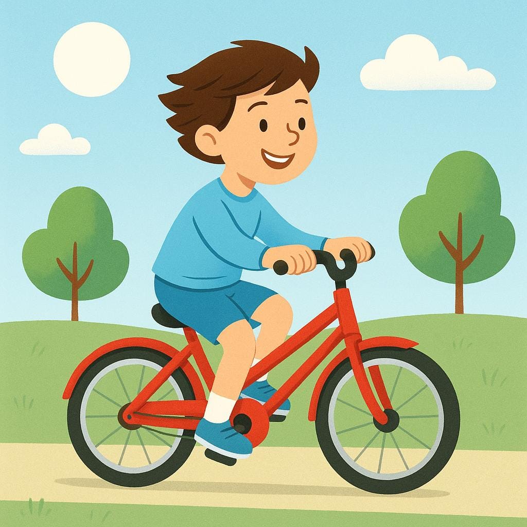 A cheerful person riding a bright red bicycle down a smooth road.