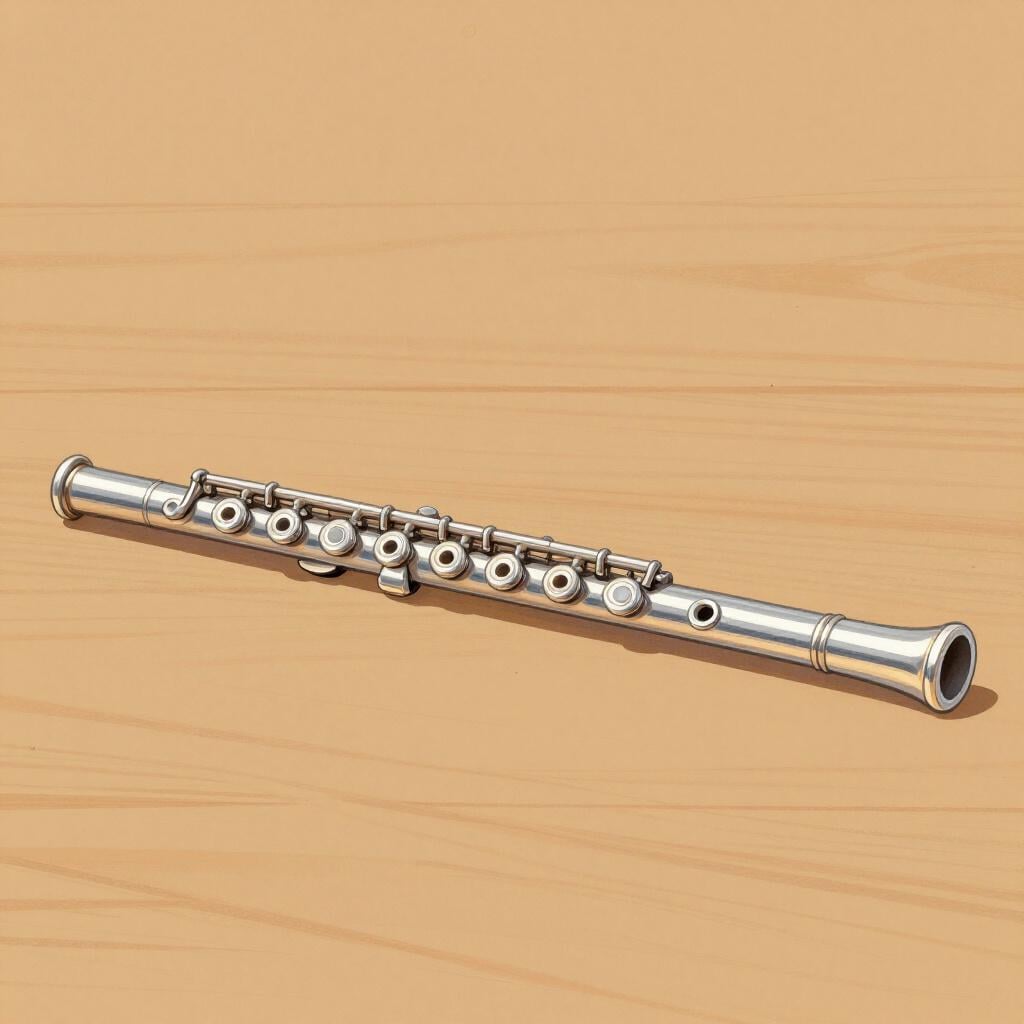 A silver transverse flute resting on a wooden table.