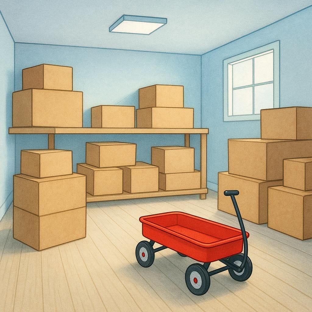 A brightly lit, rectangular storage room containing neatly stacked cardboard boxes and a few distinct, simple items like a bicycle and a rolled-up rug.
