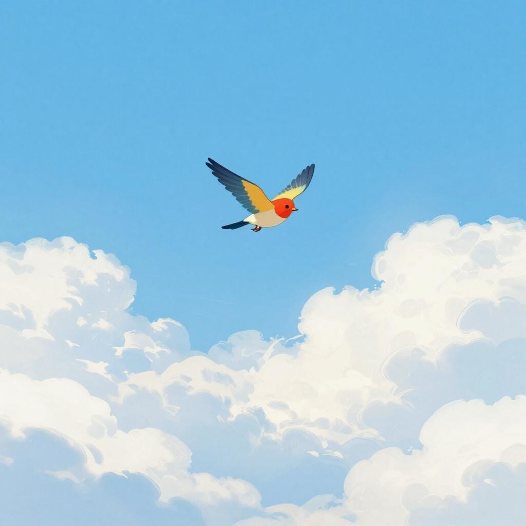 Ein kleiner Vogel fliegt hoch über einer Schicht aus flauschigen weißen Wolken in einen strahlend blauen Himmel.
