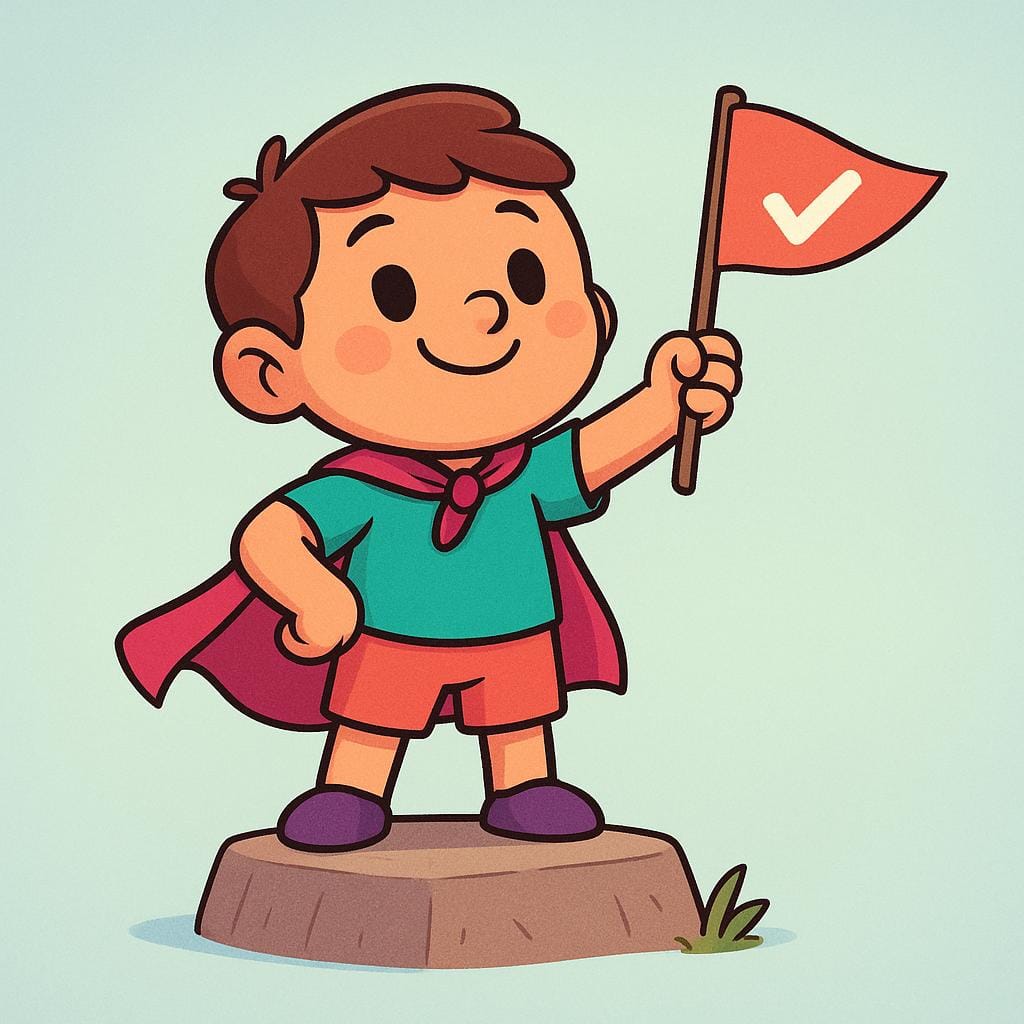 Un personnage heureux et simplifié se tient sur une plateforme haute et colorée, plaçant fièrement un petit drapeau de célébration à la surface.