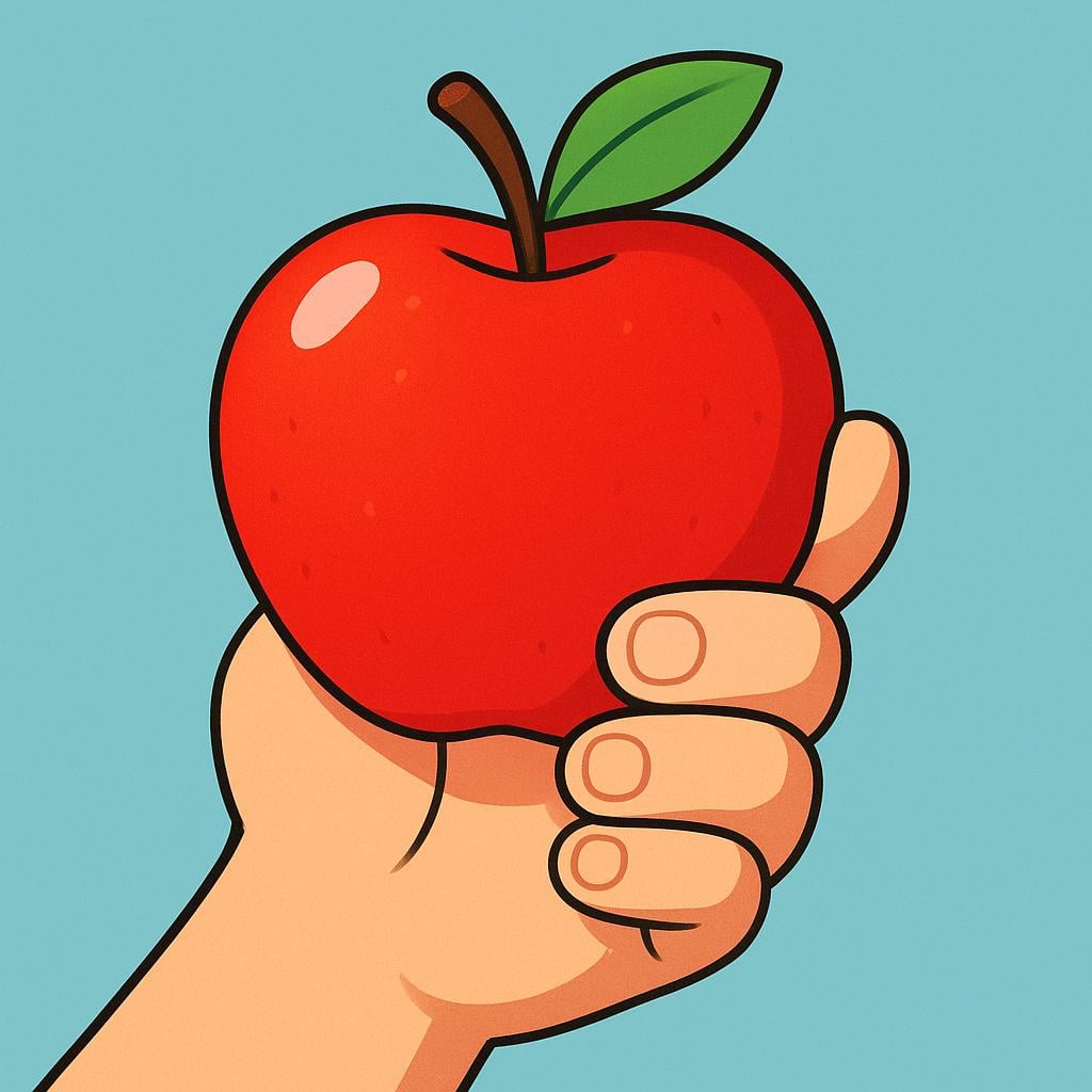 A cartoon hand firmly grasping a single bright red apple.