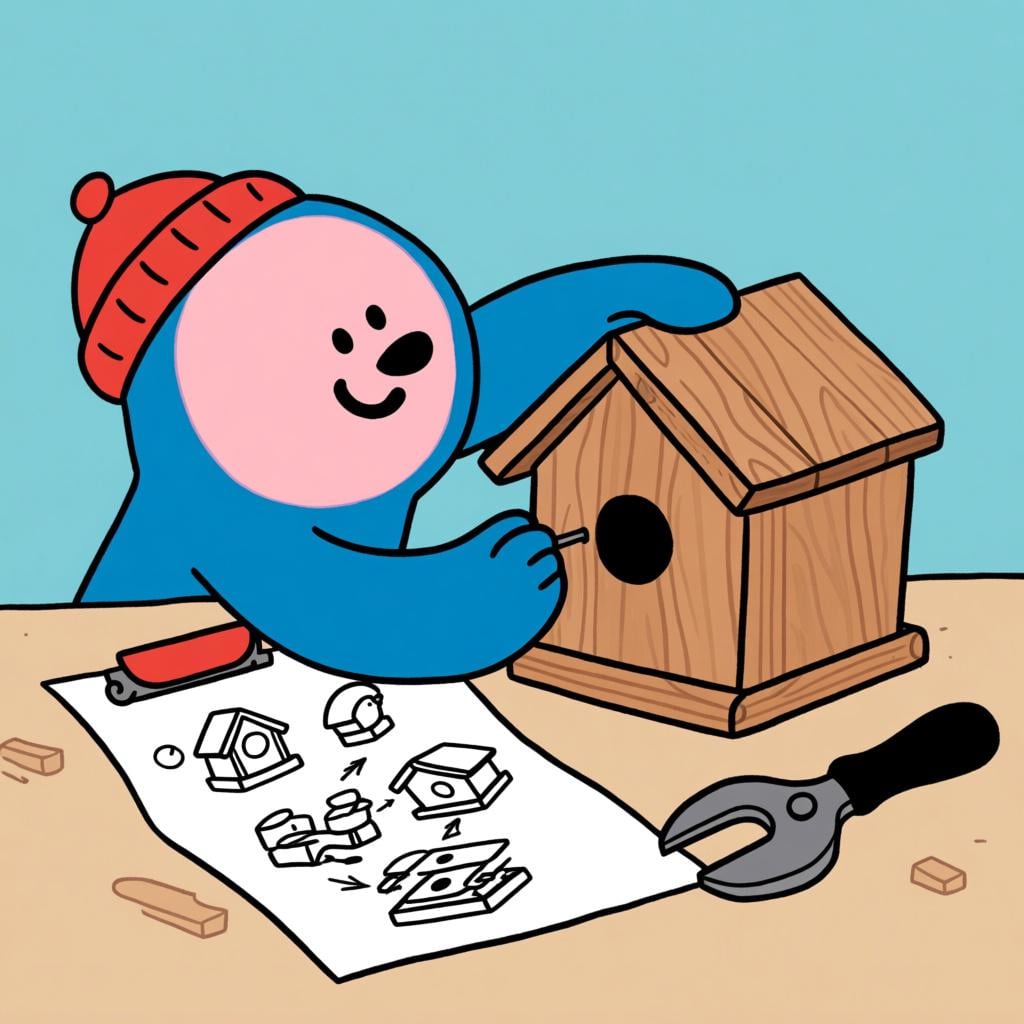 A cartoon character carefully assembling a wooden birdhouse while looking at a simplified drawing of the assembly steps on a piece of paper.