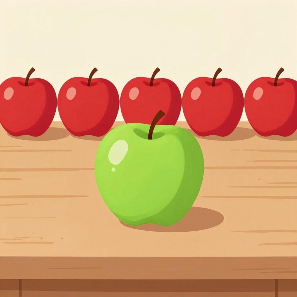 A row of several identical red apples with one bright green apple in the middle.
