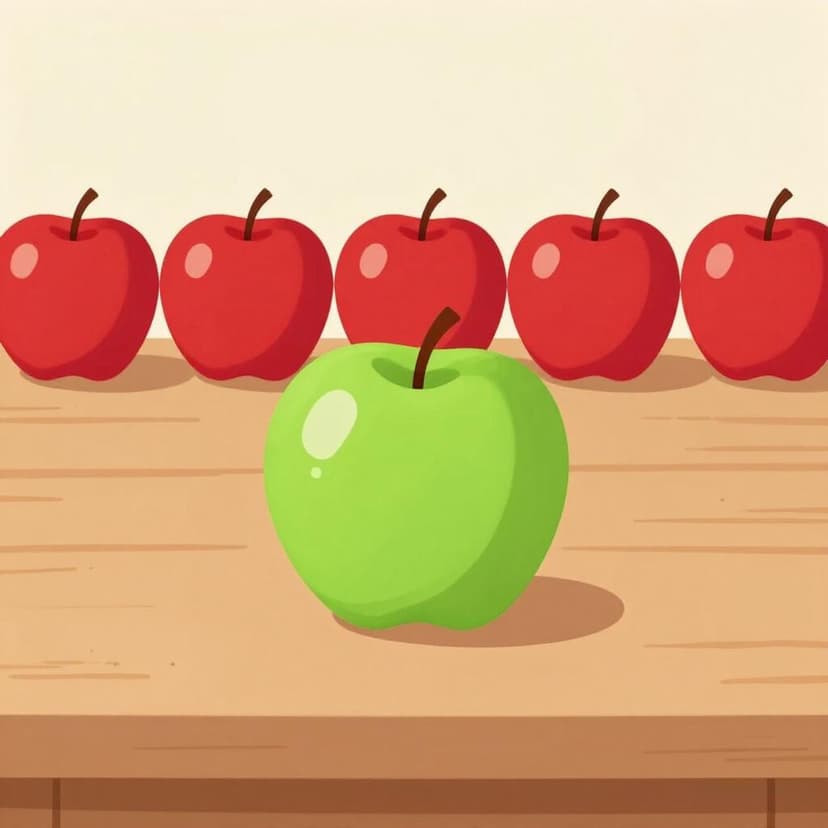 A row of several identical red apples with one bright green apple in the middle.