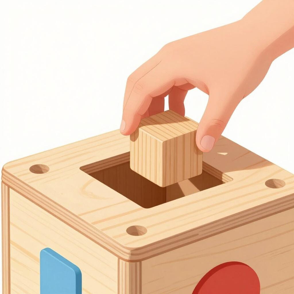 Un bambino che inserisce un cubo quadrato in un foro quadrato in una scatola giocattolo di legno.