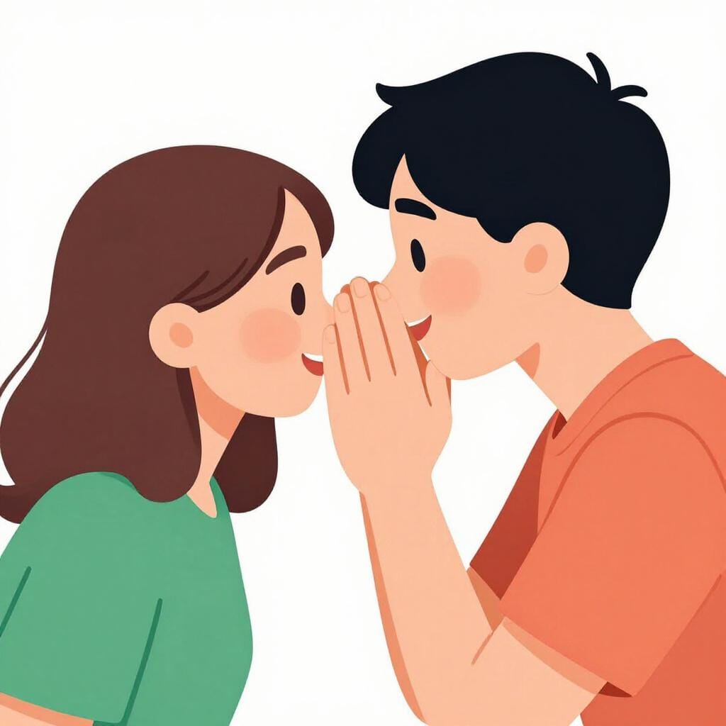 Une personne chuchotant à l'oreille d'une autre personne, la main en coupe.