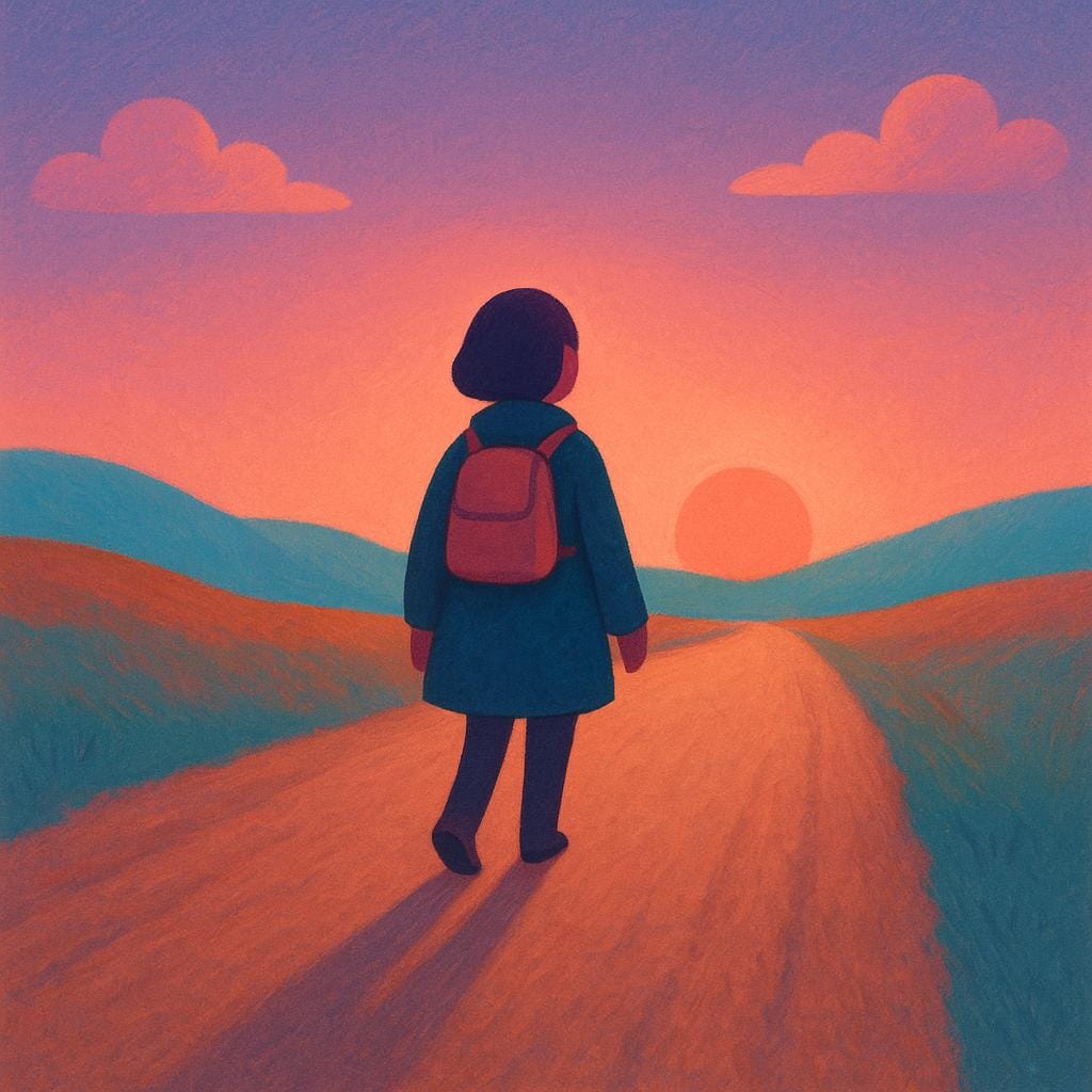 A solitary figure seen from behind walking away down a dirt road toward a distant setting sun, symbolizing departure.