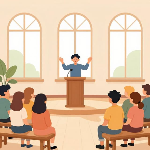 Een persoon staat aan een houten spreekgestoelte en spreekt een zittend publiek toe in een lichte zaal.