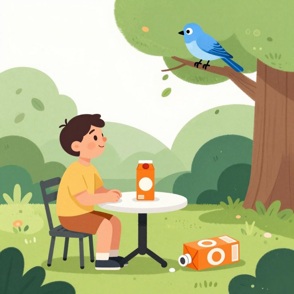 Une personne regardant un oiseau dans le ciel tout en ignorant ostensiblement un verre d'eau renversé sur la table à côté d'elle.