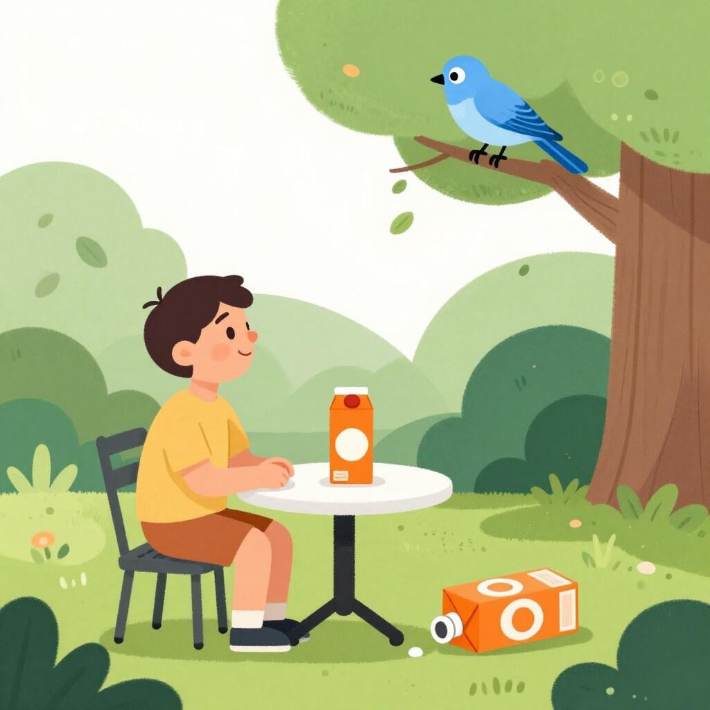 A person looking at a bird in the sky while pointedly ignoring a spilled glass of water on the table next to them.