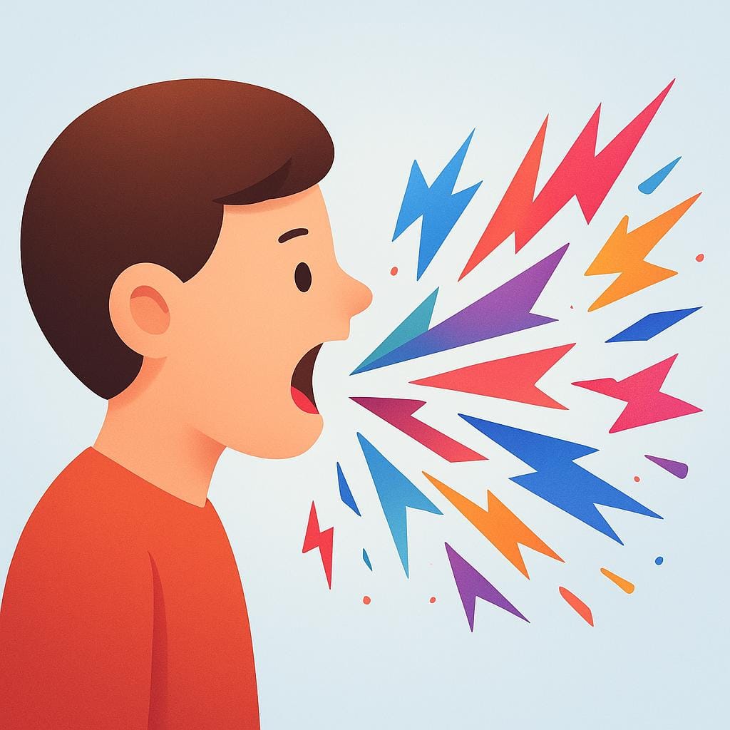 Une illustration simplifiée de la tête d'une personne avec des formes de discours abstraites, dentelées et agressives jaillissant de sa bouche ouverte.