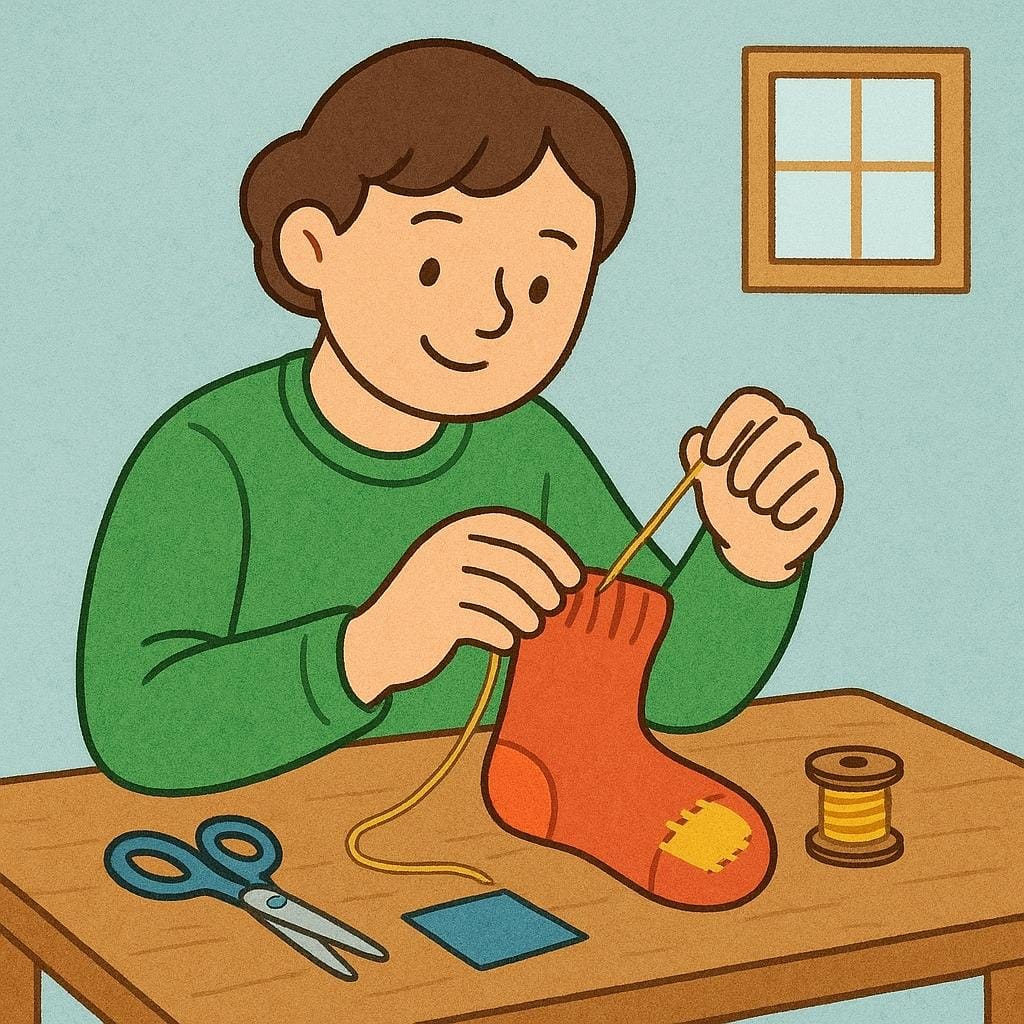A cheerful cartoon figure sitting at a small, humble table, diligently sewing a colorful patch onto a worn piece of clothing, symbolizing resourcefulness.