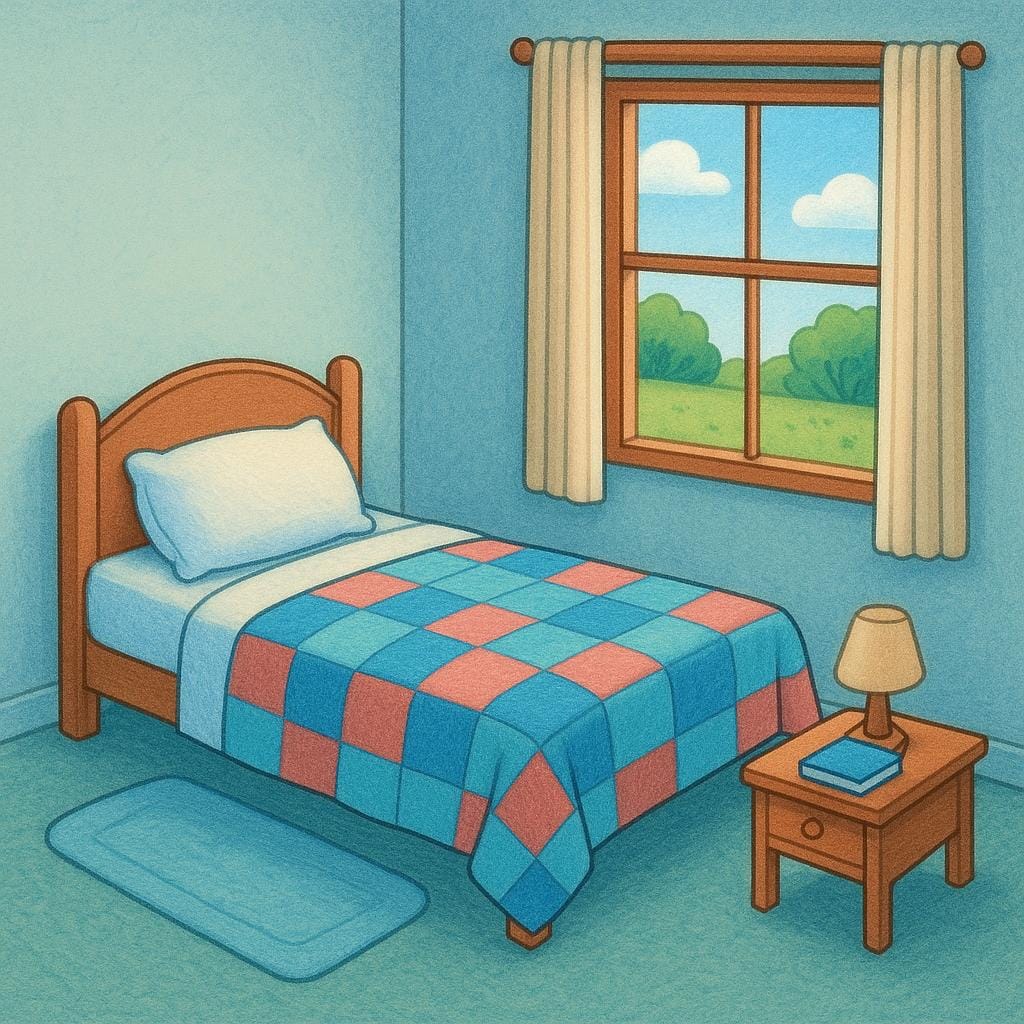 An interior view of a simple, cozy bedroom with a single bed and a large window, representing a room.