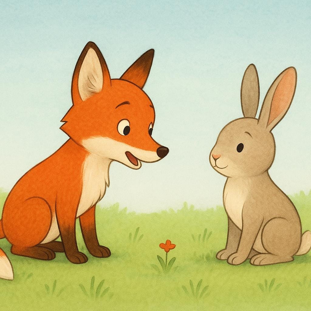 A young fox leaning forward with an inquisitive expression, speaking directly to a rabbit who is listening attentively. They are standing in a simple, colorful field.