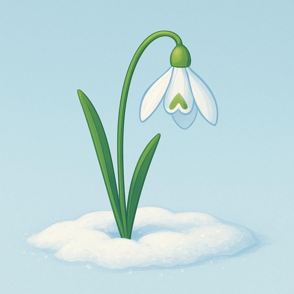A single snowdrop flower with white petals pushing up through a small patch of bright white snow, symbolizing the end of winter.