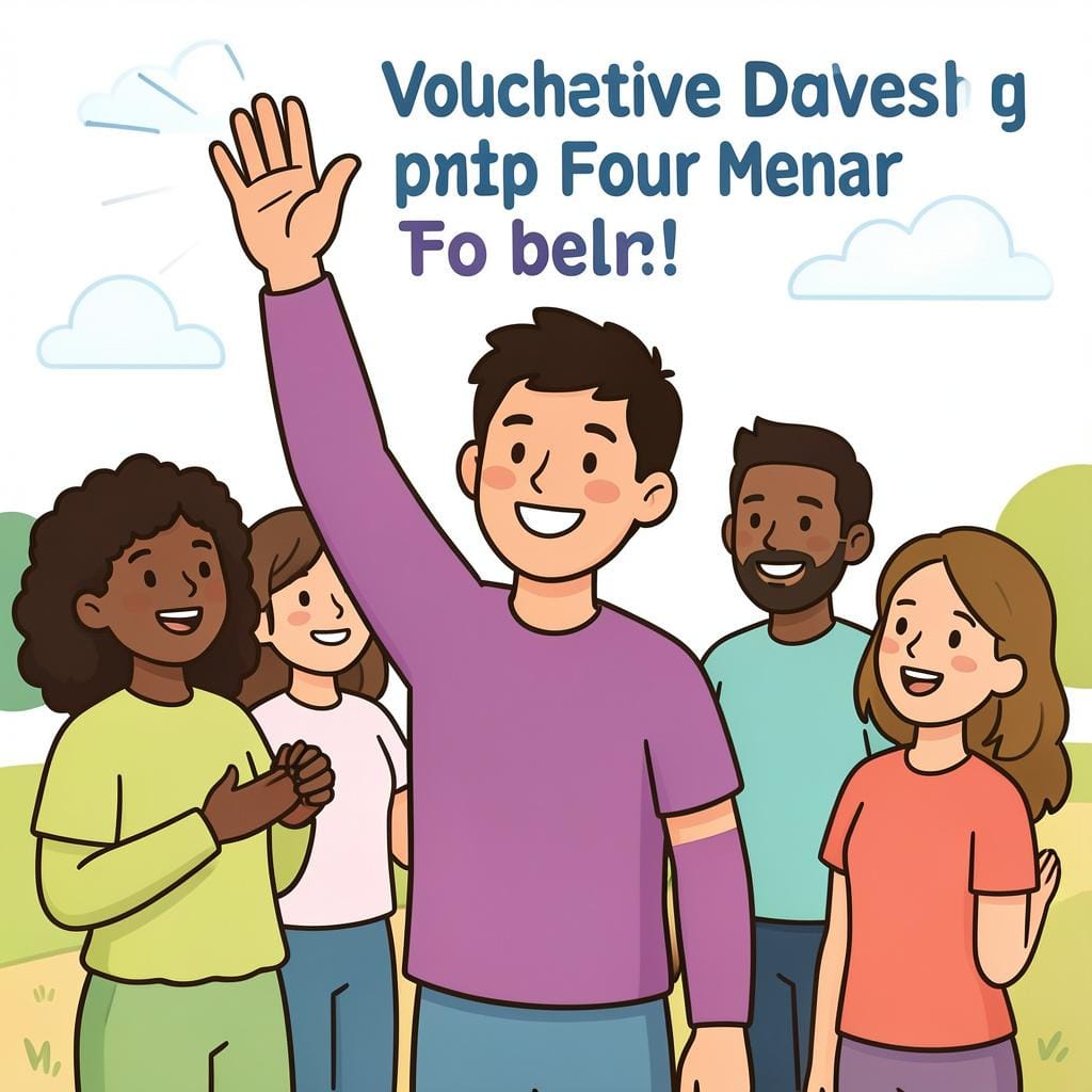 Een persoon met zijn hand hoog in een groep mensen, er enthousiast uitzien om te helpen.