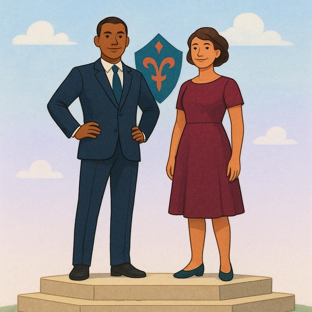 A storybook illustration showing two formally dressed, distinguished people standing on a small platform, symbolizing their notable status as important figures.