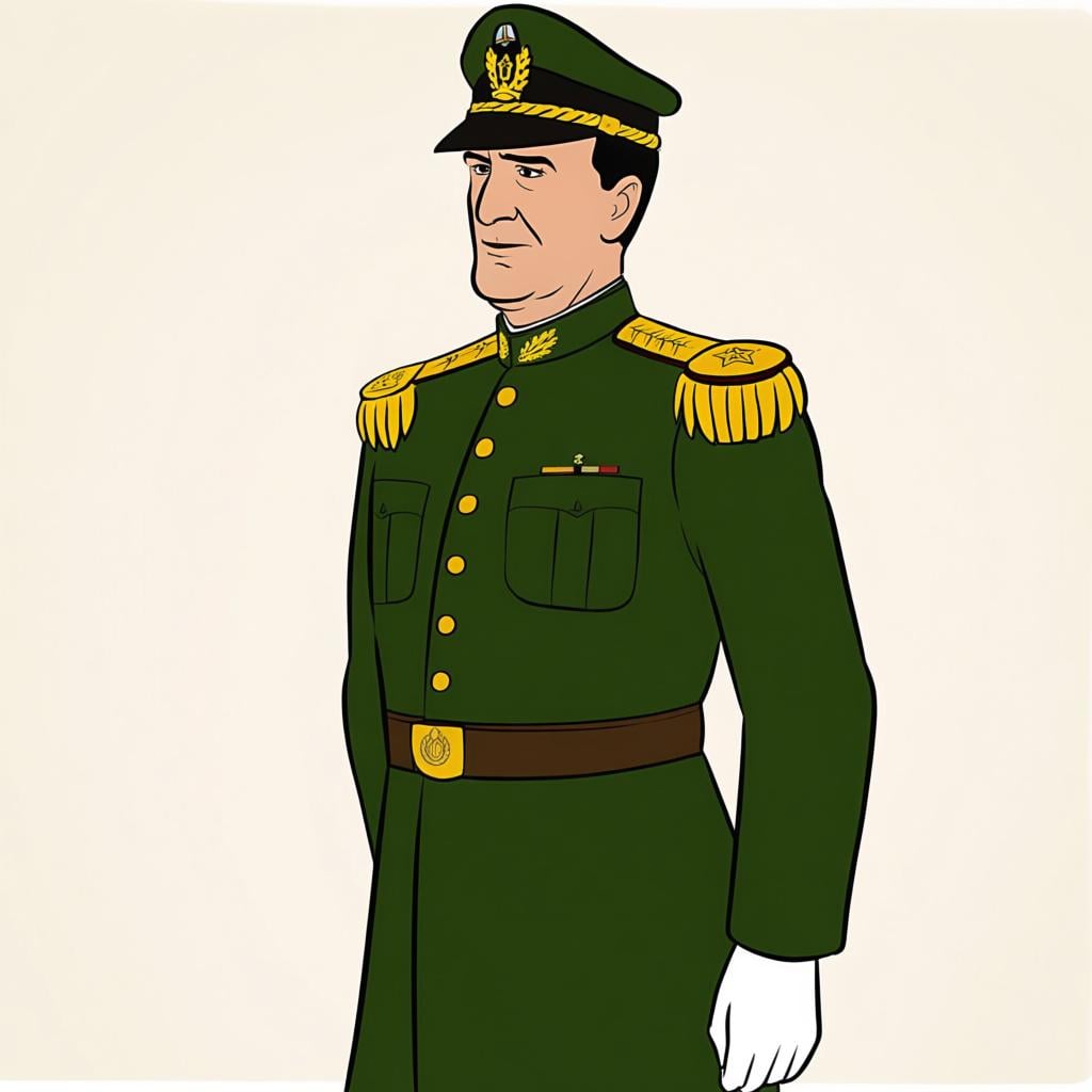 A stern, high-ranking military officer wearing a formal uniform with prominent gold insignia on the shoulders, standing at attention.